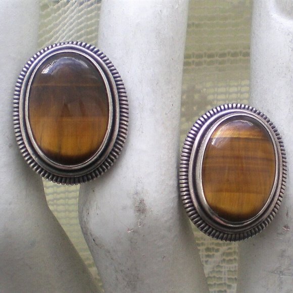 Vintage Designer Sterling Silver 925 Bezel Set Tiger 's Eye Clip On Earrings